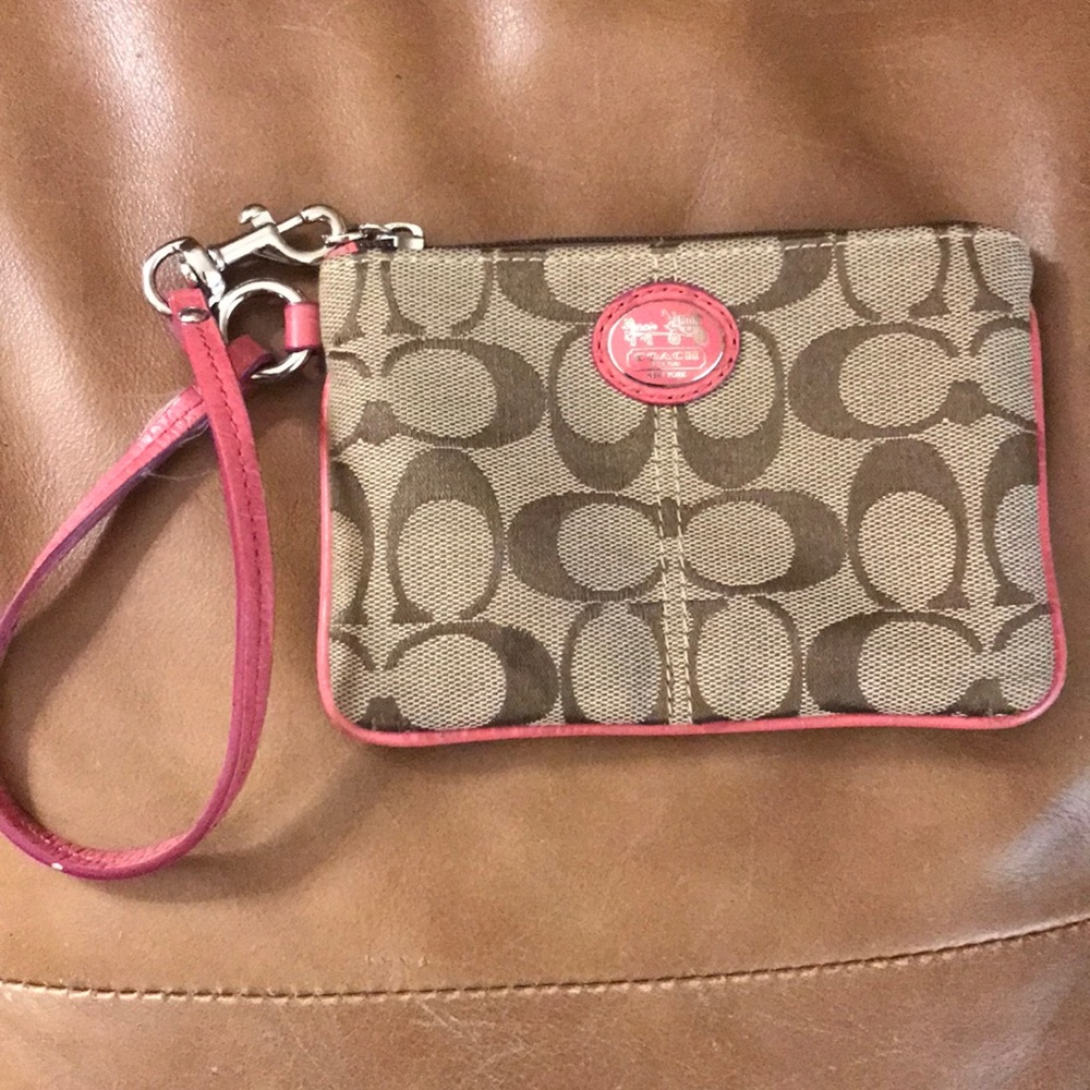 Coach logo small zipper bag pink and brown